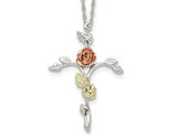 Sterling Silver Floral Cross Necklace Pendant With Gold Accents and Chain